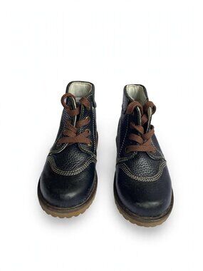Mongolian Kids Black Leather Lace-Up Boots, Brown Laces, ~US 10.5–11 Little Kid